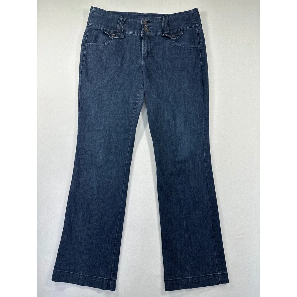 Denim Trouser Jeans Sz 12 Blue‎ Dark Wash Wide Leg High Rise Stretch Retro Flare